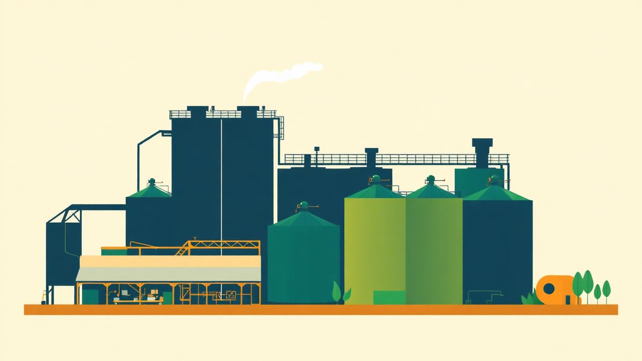 Vector illustration of a biofuel and green methanol production plant