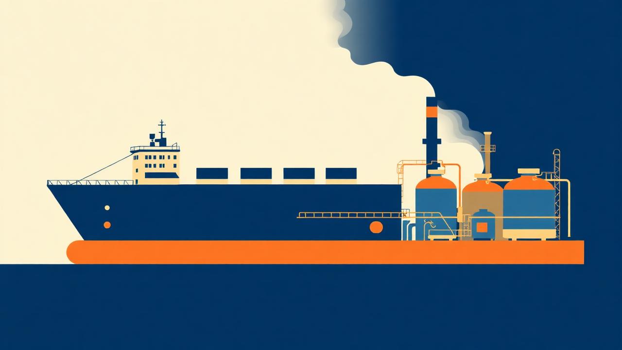 Vector illustration of a chemical tanker beside a process plant