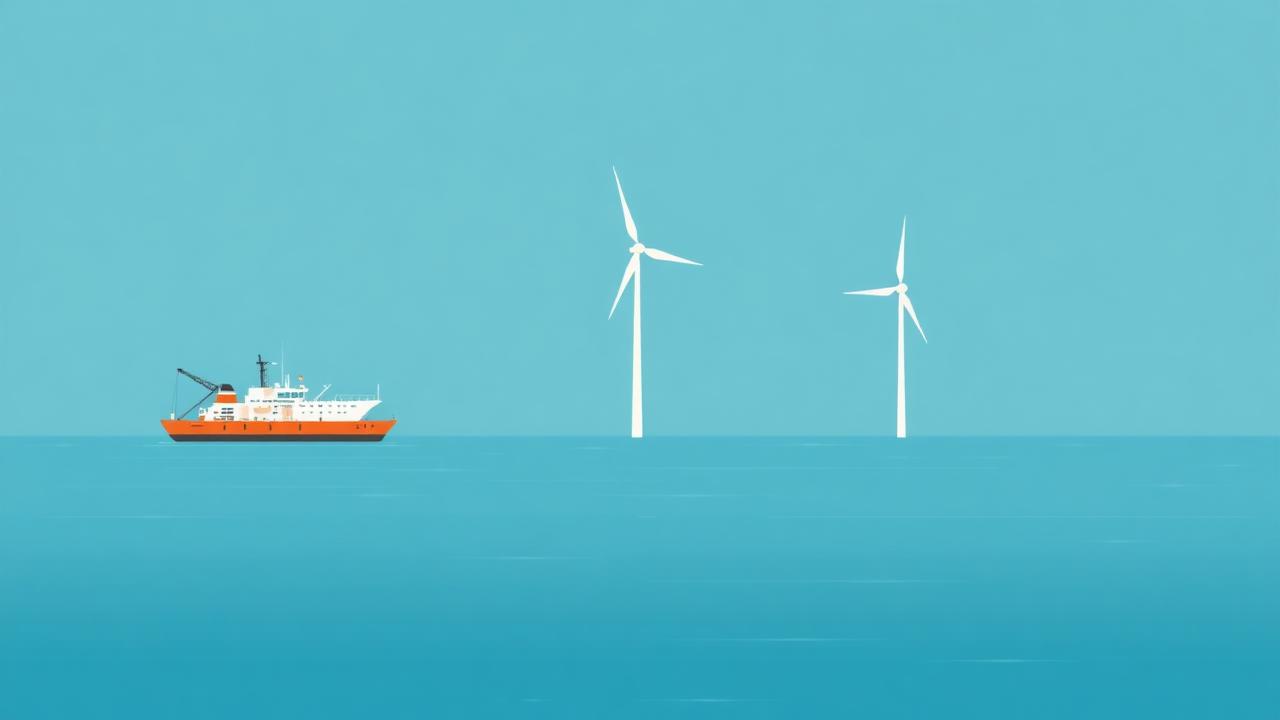Vector illustration of offshore wind turbines with a supply vessel