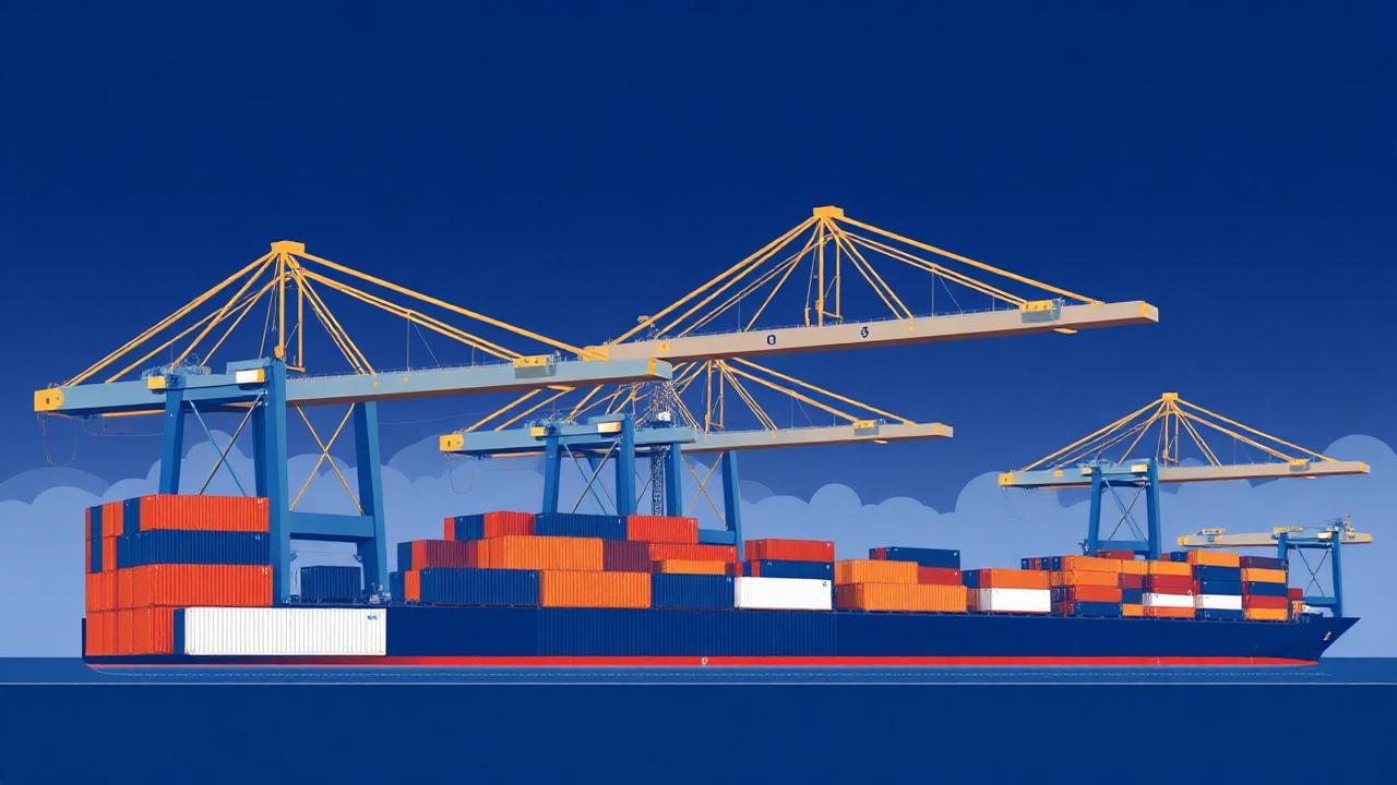 Vector illustration of container terminal cranes and stacked boxes