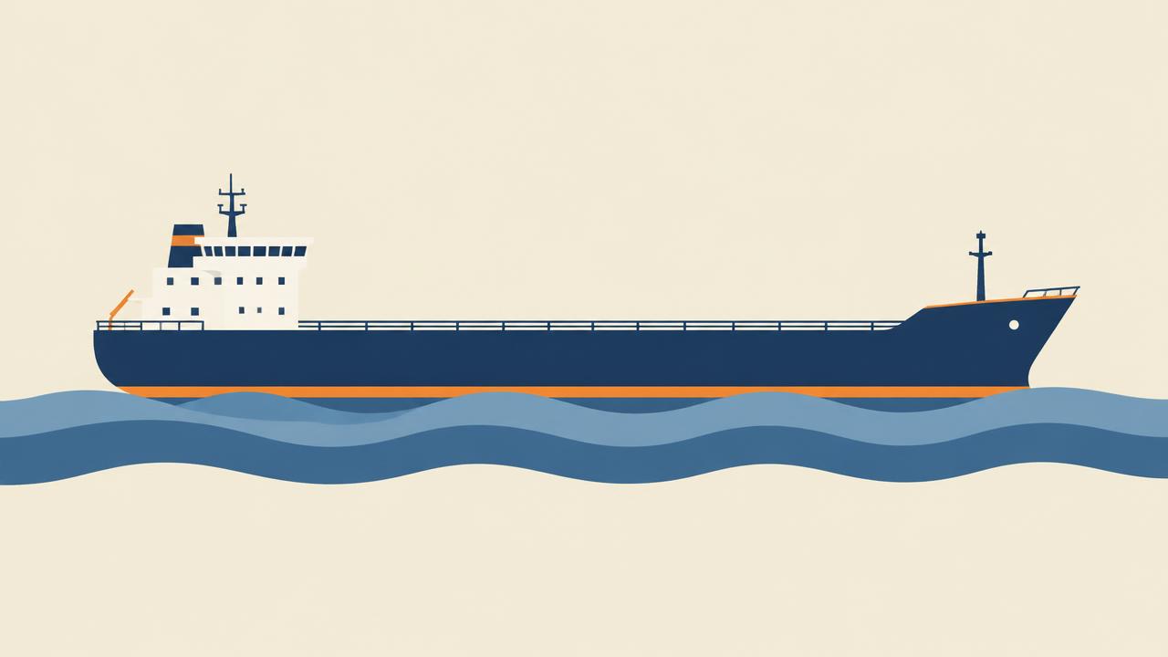 Flat vector illustration of a single merchant cargo ship at sea
