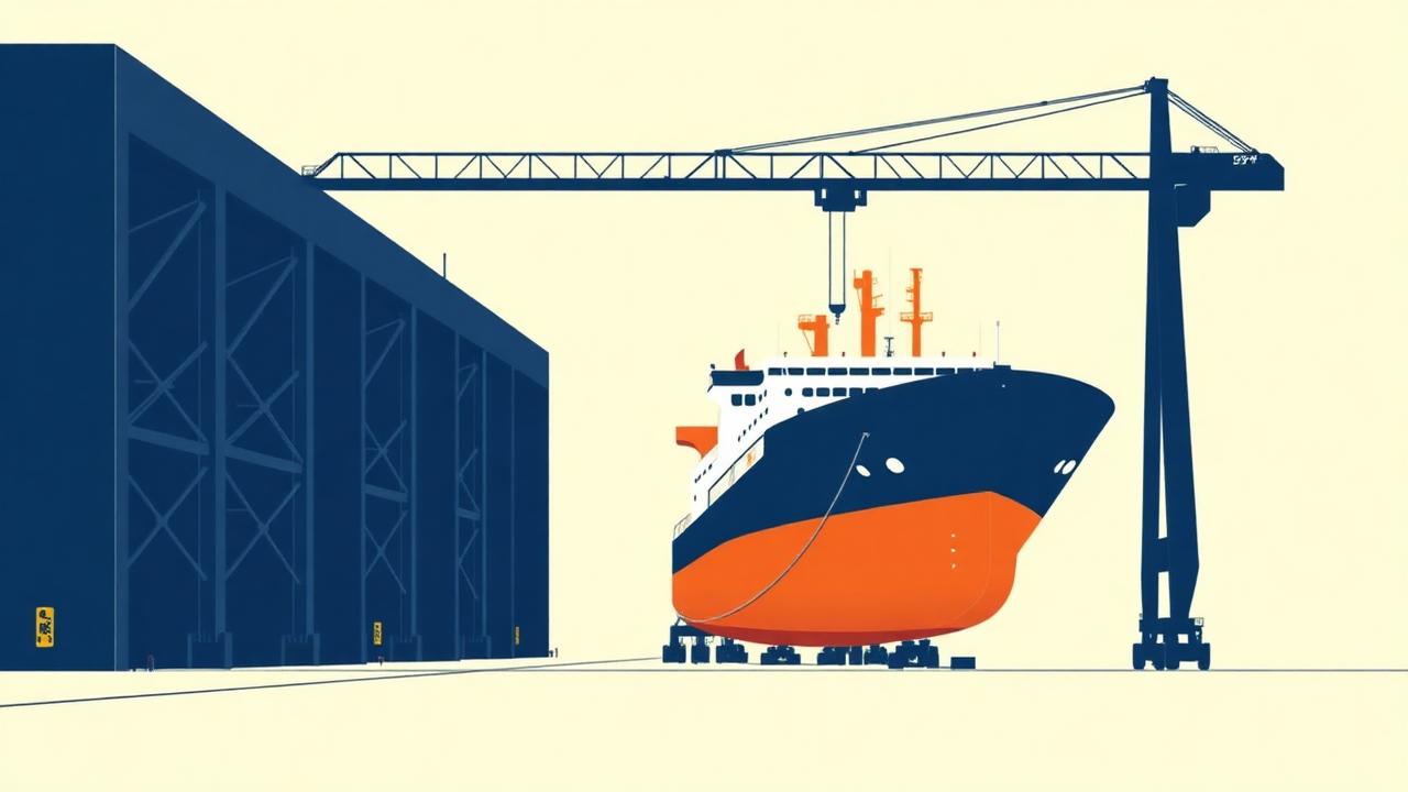 Vector illustration of a vessel in a dry dock with a gantry crane